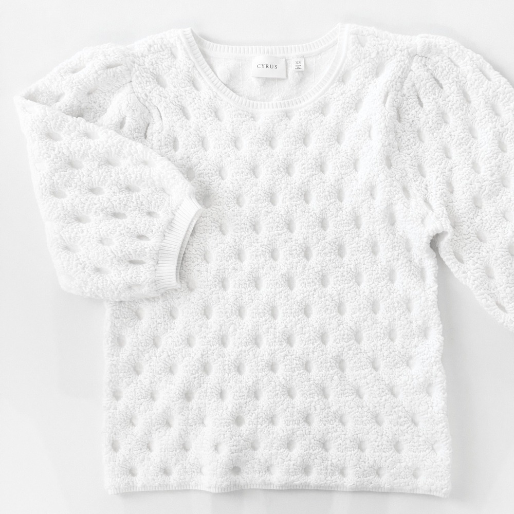 Cyrus White Bubble Popcorn Knit Puff Sleeve Sweater XS Coquette Girl Feminine